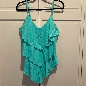 Teal ruffle front one piece bathing suit